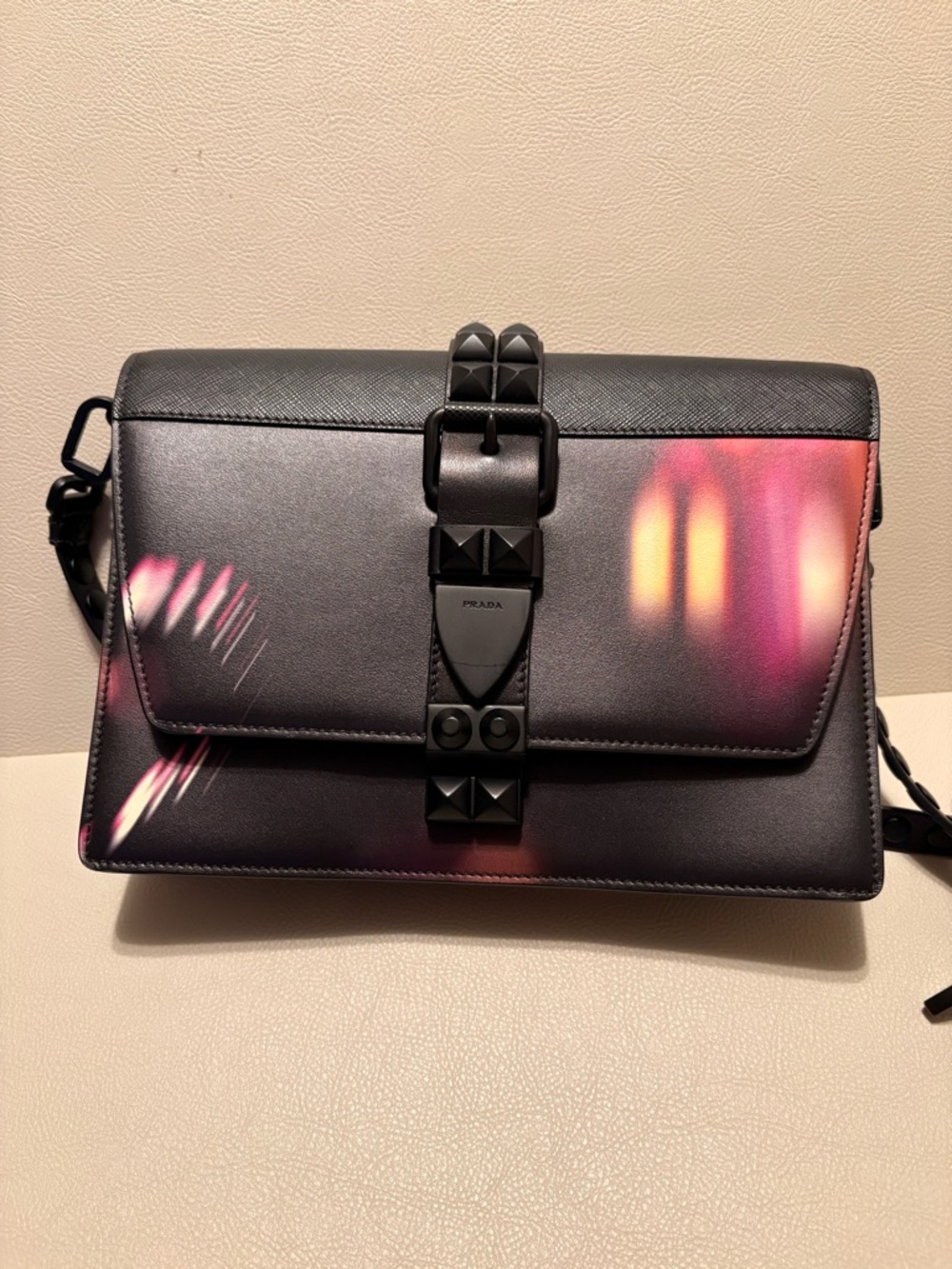 Prada Milano Leather Shoulder Bag – Black with Gradient Print